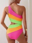 TASHEHE Women's One Shoulder One Piece Swimsuit Sexy Color Block Patchwork Bathing Suit Modest Full Coverage Cutout Swimwear - Pink/Orange/Neon Green - Small