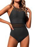 Holipick Black Waistband Women Tummy Control One Piece Swimsuit High Neck Bathing Suit Full Coverage Swimwear M