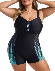 Hanna Nikole Athletic One Piece Swimsuit for Curvy Women Plus Size Sports Bathing Suits Green Square 24P