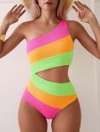 TASHEHE Women's One Shoulder One Piece Swimsuit Sexy Color Block Patchwork Bathing Suit Modest Full Coverage Cutout Swimwear - Pink/Orange/Neon Green - Small