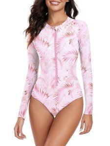 American Trends Womens Long Sleeve Swimsuits One Piece Bathing Suit for Women Rash Guard Surfing Swimsuit Athletic Swimming Suit with Sleeves Leaf Pink 4-6
