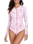 American Trends Womens Long Sleeve Swimsuits One Piece Bathing Suit for Women Rash Guard Surfing Swimsuit Athletic Swimming Suit with Sleeves Leaf Pink 4-6