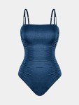 CUPSHE Women's One Piece Swimsuit Tummy Control Square Neck Sparkle Bathing Suit Ruched Adjustable Straps, L Azure Blue