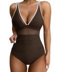 SUUKSESS Women Slimming Tummy Control One Piece Swimsuits Sexy Mesh High Waisted Monokini Bathing Suits (Brown White, M)