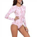 American Trends Womens Long Sleeve Swimsuits One Piece Bathing Suit for Women Rash Guard Surfing Swimsuit Athletic Swimming Suit with Sleeves Leaf Pink 4-6