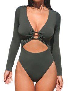 CUPSHE Women's One Piece Swimsuit Rash Guard Long Sleeve Cutout UPF 50+ UV Deep V Neck O-Ring,XL Gray Green