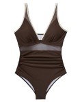 SUUKSESS Women Slimming Tummy Control One Piece Swimsuits Sexy Mesh High Waisted Monokini Bathing Suits (Brown White, M)