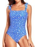 Tempt Me Women Blue White Floral Tummy Control One Piece Swimsuits Ruched Slimming Bathing Suits Vintage Swimwear L