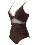 SUUKSESS Women Slimming Tummy Control One Piece Swimsuits Sexy Mesh High Waisted Monokini Bathing Suits (Brown White, M)