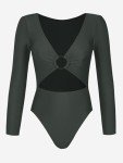 CUPSHE Women's One Piece Swimsuit Rash Guard Long Sleeve Cutout UPF 50+ UV Deep V Neck O-Ring,XL Gray Green
