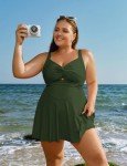 Women's Plus Size One Piece Swimsuit Tummy Control Bathing Suit Flowy Twist Front Vintage Swimdress Army Green 18Plus