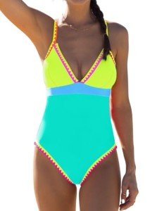 popvil Green Color Block One Piece Bathing Suit for Women V Neck Swimsuit Plunge Shell Trim Swimwear Tie Back
