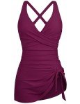 Hilor Women Tummy Control Swimsuit Swim Dress Underwire One Piece Swimdress Front Twist V Neck Bathing Suit Skirt Swimwear Amaranth 12