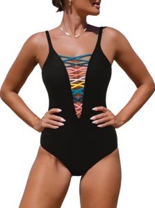 popvil Black Sexy One Piece Swimsuit for Women Plunge Deep V Neck Bathing Suit