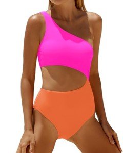 Yonique Women's One Piece Bathing Suit One Shoulder Swimsuit Cutout Swimwear Monokini Pink Orange M