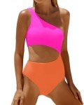 Yonique Women's One Piece Bathing Suit One Shoulder Swimsuit Cutout Swimwear Monokini Pink Orange M