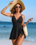 Charmo One Piece Swimdress Swimsuits for Women Scalloped Tummy Control Swim Dress Tie Knot Skirt Bathing Suit Black L