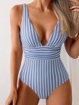 Eomenie Women's One Piece Swimsuit Tummy Control Bathing Suit V Neck Slimming 1 Piece Swimwear Blue Stripe