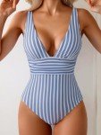 Eomenie Women's One Piece Swimsuit Tummy Control Bathing Suit V Neck Slimming 1 Piece Swimwear Blue Stripe