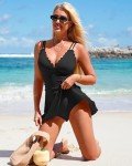Charmo One Piece Swimdress Swimsuits for Women Scalloped Tummy Control Swim Dress Tie Knot Skirt Bathing Suit Black L