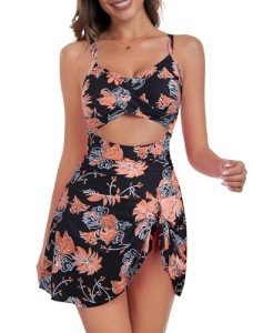 ZAFUL Women Floral One Piece Swimsuit Over 50 Tummy Control Bathing Suit Slimming Swim Dress Modest Swimwear Push Up Cut Out V Neck Swimdresses 2023 Trendy Cute Tie Knot Monokini Orange Floral XL
