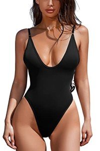 ESONLAR Women's Sexy Plunging V Neck Bathing Suit Open Back One Piece Swimsuits Black M