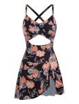 ZAFUL Women Floral One Piece Swimsuit Over 50 Tummy Control Bathing Suit Slimming Swim Dress Modest Swimwear Push Up Cut Out V Neck Swimdresses 2023 Trendy Cute Tie Knot Monokini Orange Floral XL