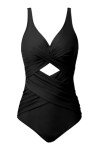 MOOSLOVER Women Slimming One Piece Swimsuit Tummy Control Wrap Cut Out Bathing Suit(XL,Black)