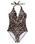 SUUKSESS Women Sexy Halter One Piece Swimsuits Ruffle V Neck Tummy Control Bathing Suits (Leopard, L)