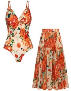 GRACE KARIN Women's Sexy One Piece Swimsuits with Cover Up Skirt Tummy Control Bathing Suits V Neck Orange Floral Medium