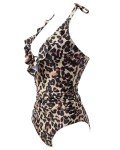 SUUKSESS Women Sexy Halter One Piece Swimsuits Ruffle V Neck Tummy Control Bathing Suits (Leopard, L)