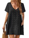 Blooming Jelly Womens Swiss Polka Dot Swimsuit Cover Up Dress Swim Beach Cover up (Medium, Black Short Sleeve)