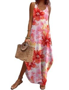 Zeagoo Beach Cover Up Dress Women Casual Loose Sundress Sleeveless Split Travel Vacation Summer Dress Pink Floral M