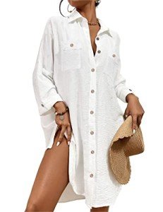 Bsubseach Womens Modern Swimsuit Cover Up Blouse Button Down Shirt Dresses Tops White XXL