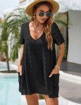 Blooming Jelly Womens Swiss Polka Dot Swimsuit Cover Up Dress Swim Beach Cover up (Medium, Black Short Sleeve)
