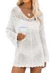 ANRABESS Women Swimsuit Crochet Swim Cover Up Summer Bathing Suit Swimwear V Neck Mesh Knit Beach Dress Vacation Outfits Medium White