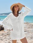ANRABESS Women Swimsuit Crochet Swim Cover Up Summer Bathing Suit Swimwear V Neck Mesh Knit Beach Dress Vacation Outfits Medium White