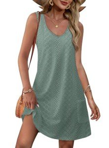 OFEEFAN Bathing Suit Cover Up for Women Summer Dresses 2024 Loose V Neck Swing Tank Dress Sundresses with Pockets Eyelet Green L