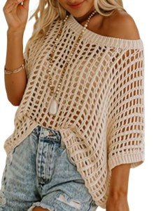 Dokotoo Womens Juniors Spring Summer Crochet Hollow Out Sweaters Tops 2025 Round Neck Short Sleeve Pullover Shirt Lightweight Knit Tops Blouse Crochet Cover Up Apricot XX-Large