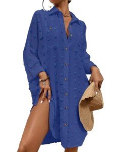 Bsubseach Women Swimsuit Coverup Blouse Button Down Shirt Dresses Swiss Dot Tops Dark Blue