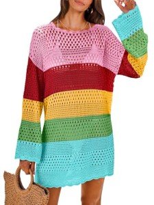 ANRABESS Women Swimsuit Crochet Swim Cover Up 2024 Summer Bathing Suit Swimwear Mesh Knit Beach Dress Vacation Outfits Rainbow Stripe X-Large