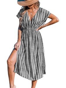 CUPSHE Women Beach Cover Up V Neck Short Sleeve Striped Midi Swimsuit Coverup Dress XS-XXL Black, L