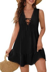 Blooming Jelly Womens Bathing Suit Cover Up Pleated Lace Up Swim Beach Dress Flower Trim Swimsuit Coverup with Pockets(Black,M)