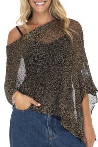 Back From Bali Womens Sheer Poncho Bolero Shrugs for Dresses Lightweight Summer Black Gold Metallic Shawl Cover Up