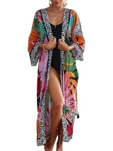 ZSWDXX Women Colorful Leaf Print Long Kimono Cover Up Open Front Bathing Suit Dress Lightweight Cardigan Black