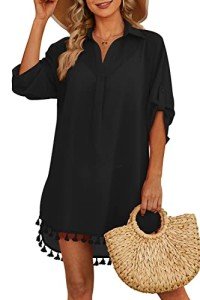 Yincro Women Swimsuit Cover Up Shirt 2024 Tassel Beach Bathing Suit for Swimwear Bikini Dress(Black, M)