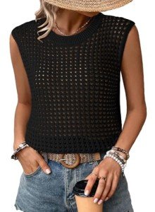 Dokotoo Womens Beach Cover Ups 2025 Vacation Outfits Summer Tops for Women Hollow Out Crewneck Sleeveless Crochet Knit Sweaters Vest Casual Solid Loose Fit Fashion Swimsuit Coverups Black Small
