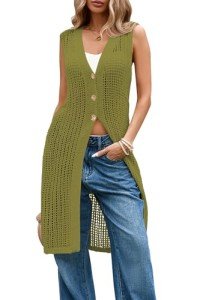 Cakulo Womens Summer Crochet Tops Long Cardigans Sleeveless Blouses Knit Sweater Vest Beach Cover Up Green L