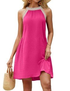 BMJL Womens Swimsuit Coverup Color Block Bathing Suit Cover Up Sleeveless Swim Beach Dress (L,Hot Pink