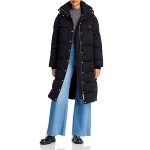 Black Hooded Long Quilted Puffer Coat for Women